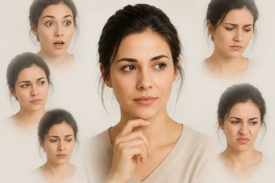 Mulher em composição visual com diferentes expressões faciais, ilustrando microexpressões e emoções no rosto