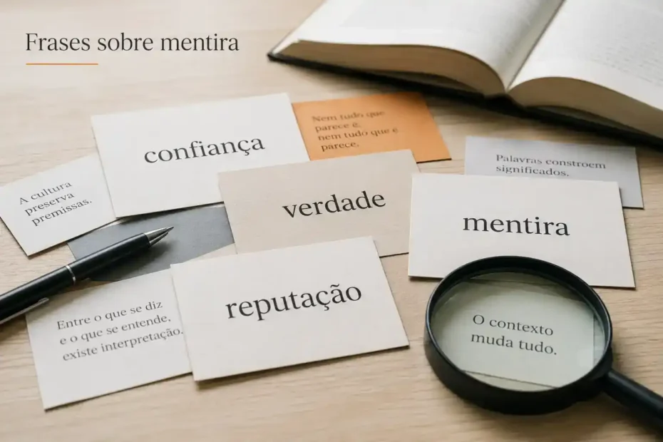Frases sobre mentira em cartões sobre uma mesa, com livro aberto ao fundo, sugerindo cultura popular, verdade e confiança.