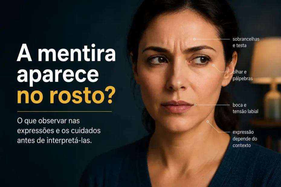 Rosto de mulher em expressão tensa com indicações sobre sobrancelhas, olhar, boca e contexto na interpretação facial