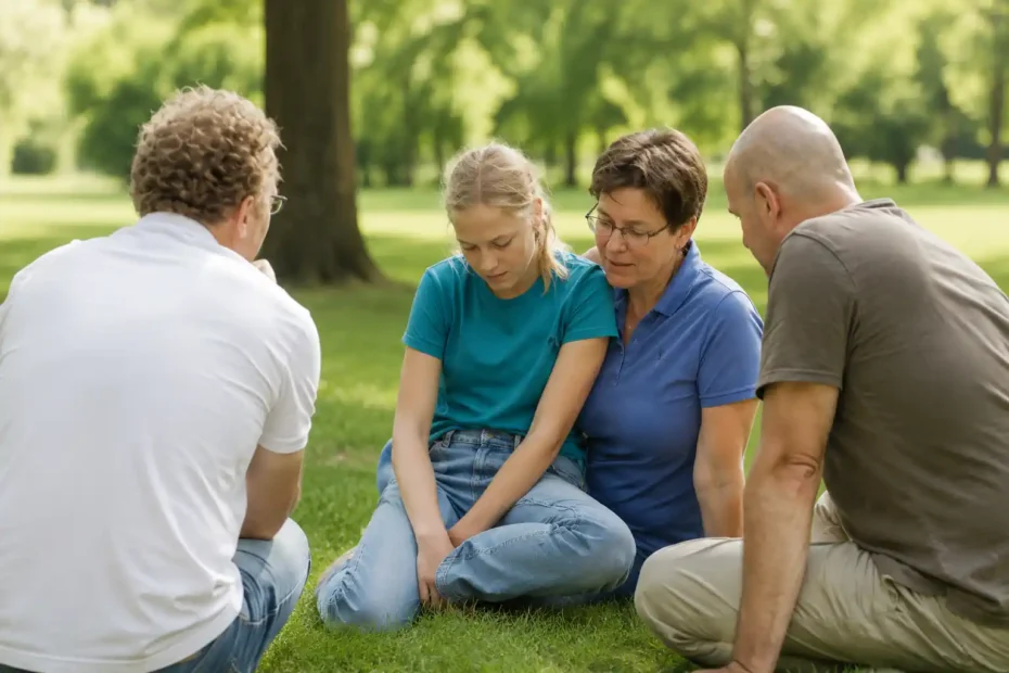 Família conversa em parque com adolescente em momento de apoio, representando mentira na família, confiança e reparação emocional.