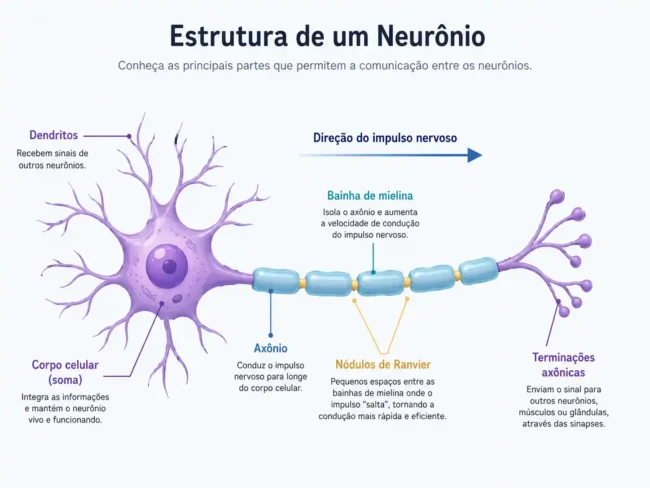 Infográfico em português sobre a estrutura de um neurônio, mostrando dendritos, corpo celular, axônio, bainha de mielina, nódulos de Ranvier e terminações axônicas