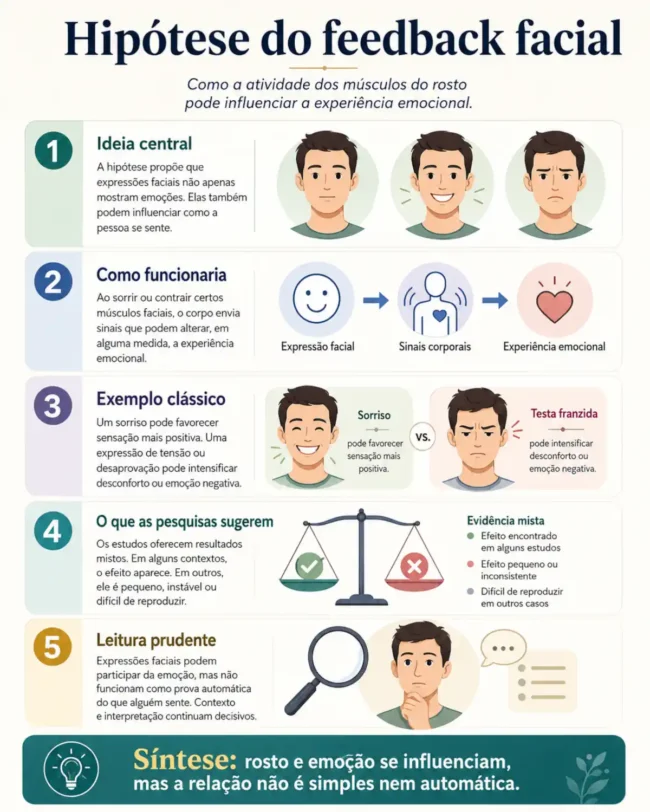 Infográfico em português sobre a hipótese do feedback facial, mostrando como expressões faciais podem influenciar a experiência emocional