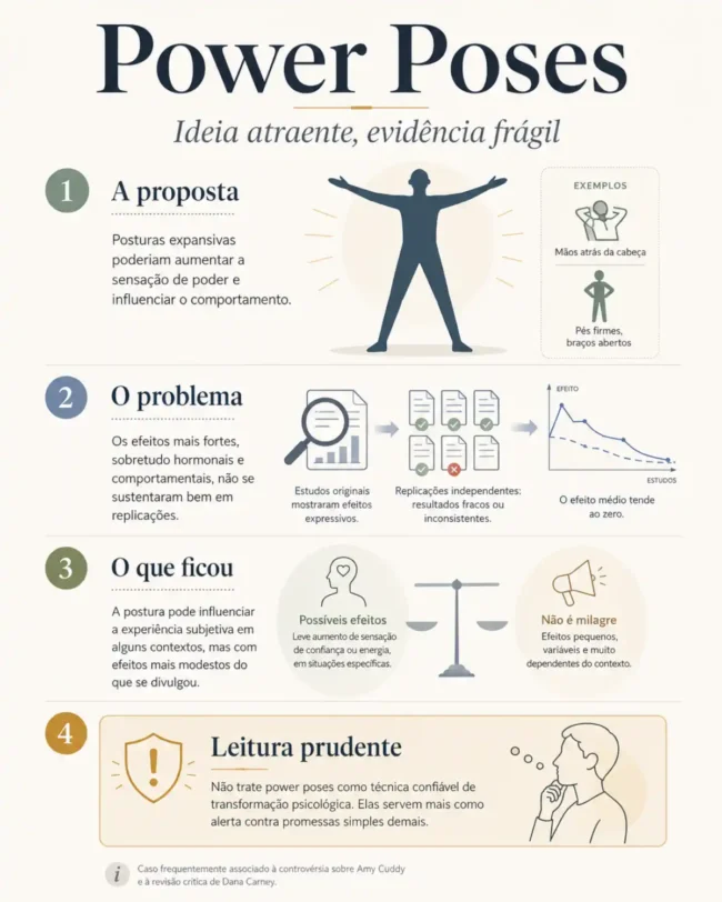 Infográfico em português sobre power poses, explicando a proposta, os problemas de replicação, os efeitos modestos e a necessidade de leitura prudente