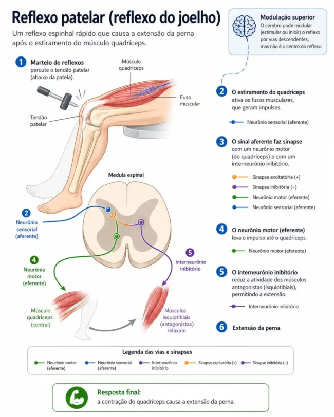 Infográfico sobre o reflexo patelar mostrando tendão patelar, quadríceps, medula espinal, neurônio sensorial, neurônio motor e extensão da perna