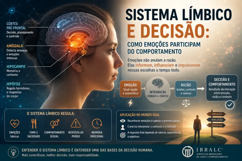 Imagem sobre sistema límbico e decisão, com cérebro em destaque, áreas emocionais indicadas e relação entre emoções, comportamento e escolhas.