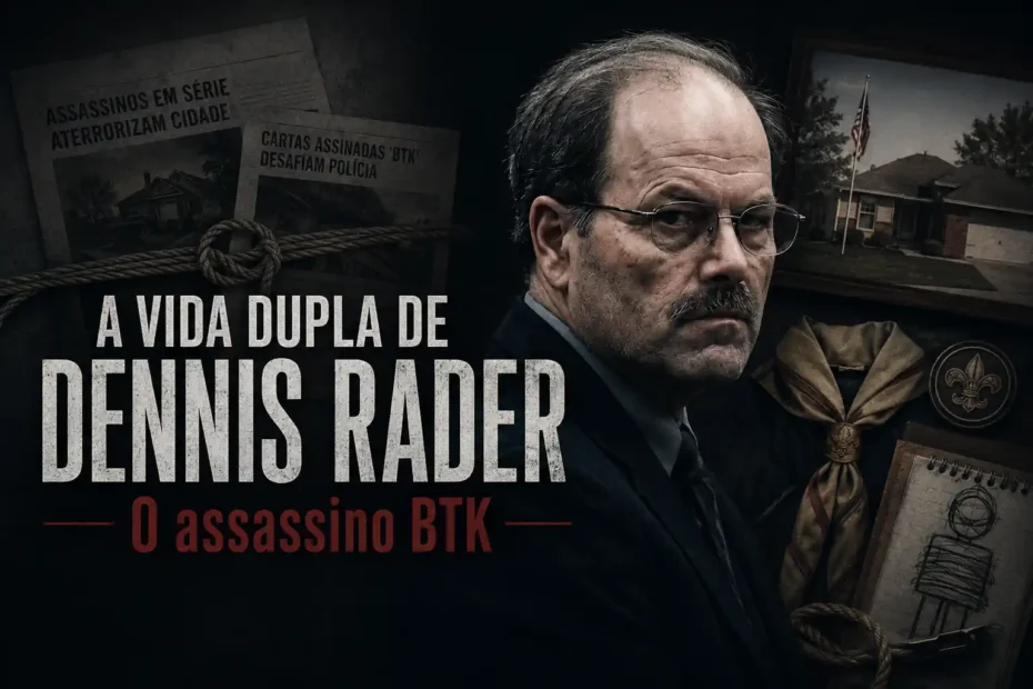 Composição sombria sobre a vida dupla de Dennis Rader, com recortes de jornal, casa suburbana e símbolos de rotina social