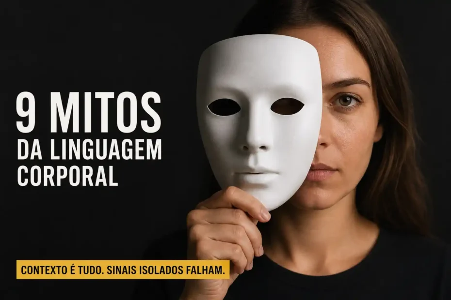 Mulher segurando uma máscara branca diante do rosto em imagem sobre mitos da linguagem corporal e importância do contexto