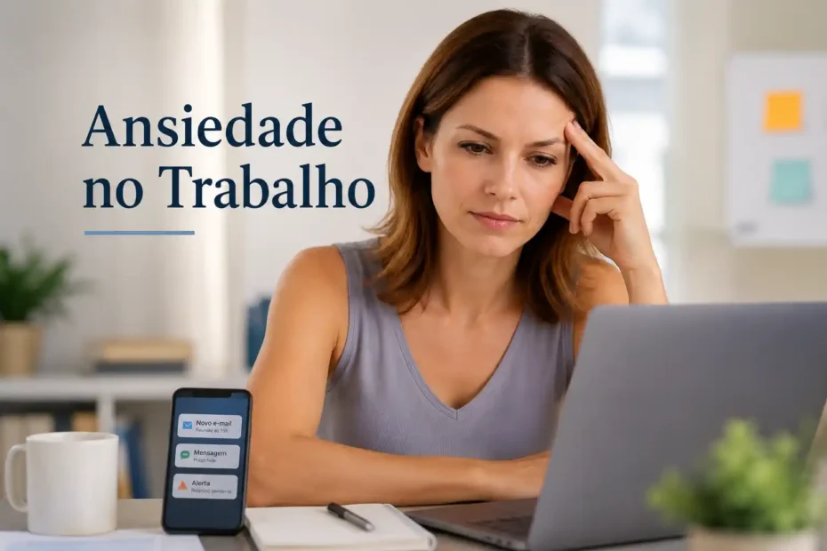 Mulher em ambiente de trabalho diante de laptop e notificações, com expressão discreta de preocupação e pressão.