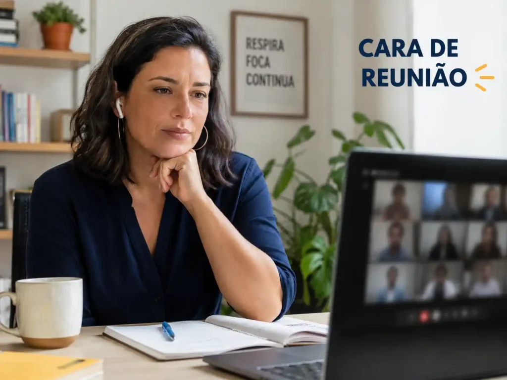 Pessoa em videoconferência com expressão concentrada e levemente tensa, representando autoconsciência facial e esforço social em reuniões online.
