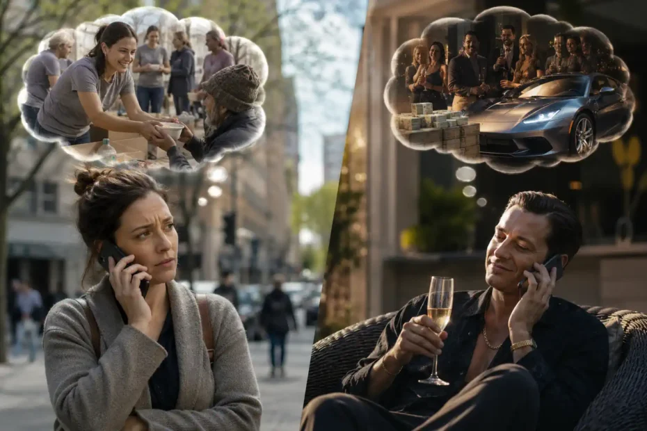 Cena dividida mostra mulher ao telefone imaginando ajudar pessoas e homem ao telefone imaginando luxo, festa e dinheiro, sugerindo manipulação por convicções e interesses ocultos.