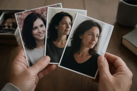 Mãos segurando fotografias do mesmo rosto em momentos diferentes, representando interpretação emocional, passagem do tempo e contexto.