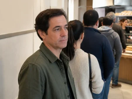 Homem aguardando em uma fila, com expressão neutra e rugas discretas na testa, representando interpretação apressada do rosto.