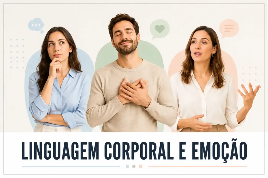 Três pessoas expressando estados emocionais por gestos, postura e expressão facial, com o título “Linguagem corporal e emoção”.