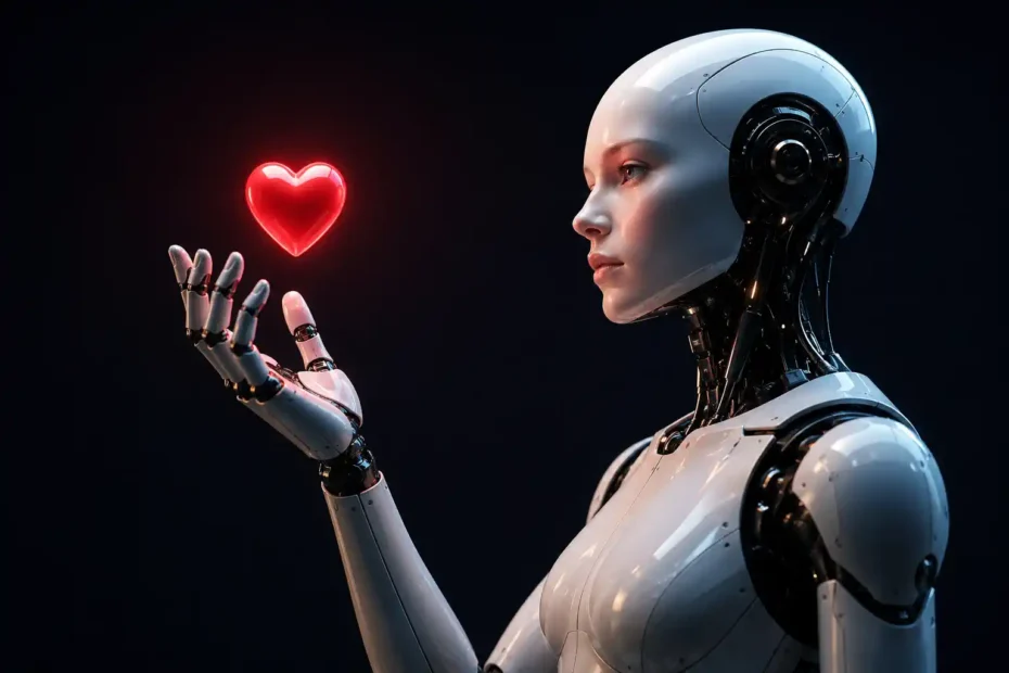 Robô humanoide observando um coração luminoso vermelho, representando inteligência artificial, emoções, tecnologia e relações humanas.