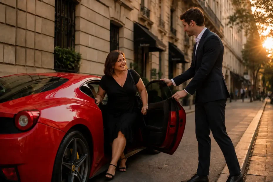 Homem abre a porta de carro de luxo para mulher em encontro elegante, sugerindo promessa, confiança rápida e cautela nas relações digitais.