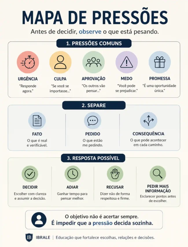 Pessoa em pausa antes de responder, representando proteção da decisão em situação de pressão, urgência e escolha cotidiana.