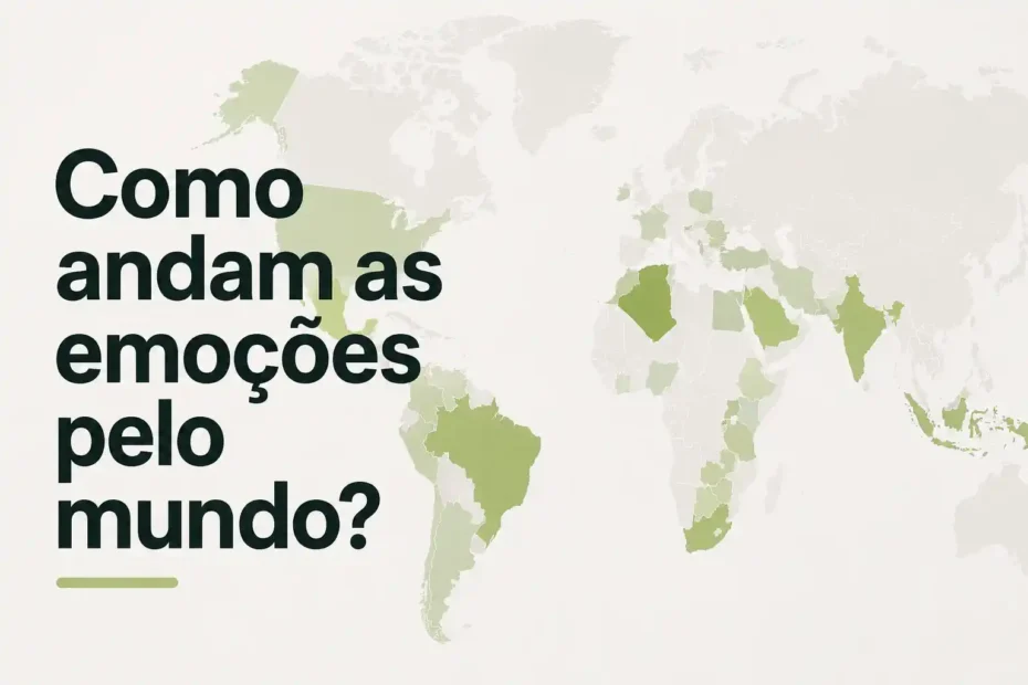 Mapa-múndi em estilo clean com países destacados em verde e o texto “Como andam as emoções pelo mundo?”.