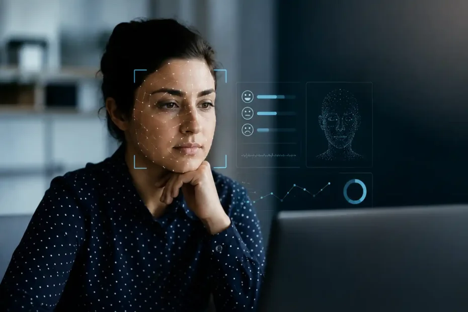 Pessoa diante de uma tela com interface de IA analisando sinais faciais, em cena sobre reconhecimento de emoções e contexto