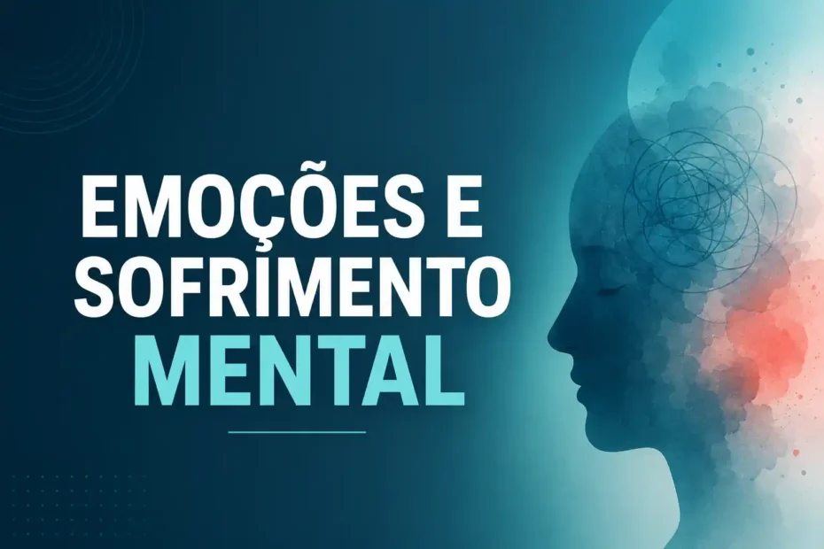 Imagem sobre emoções e sofrimento mental, com perfil humano em tons azulados e linhas abstratas representando pensamentos difíceis.