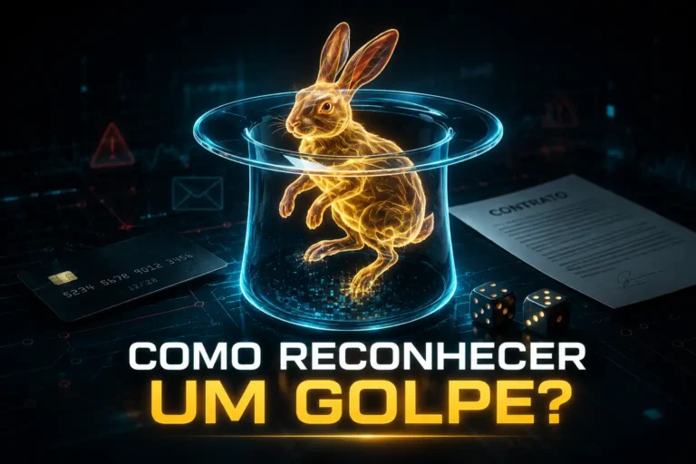Coelho luminoso dentro de uma cartola transparente, com cartão, contrato e dados ao redor, em imagem sobre como reconhecer um golpe.