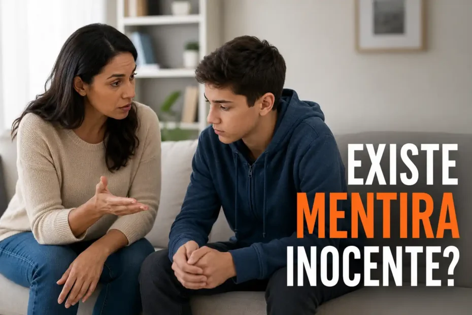 Mãe conversa com filho adolescente em casa sobre mentira inocente, confiança e sinceridade nas relações familiares.