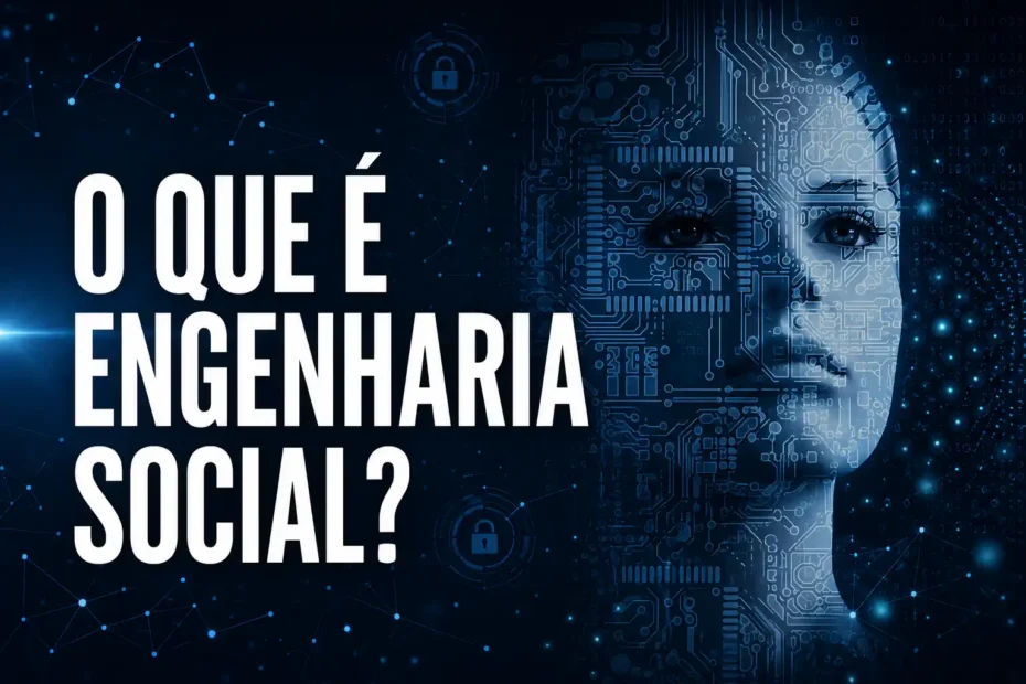 Imagem conceitual sobre engenharia social, com rosto humano integrado a circuitos digitais e redes de conexão, sugerindo manipulação psicológica em ambientes tecnológicos.