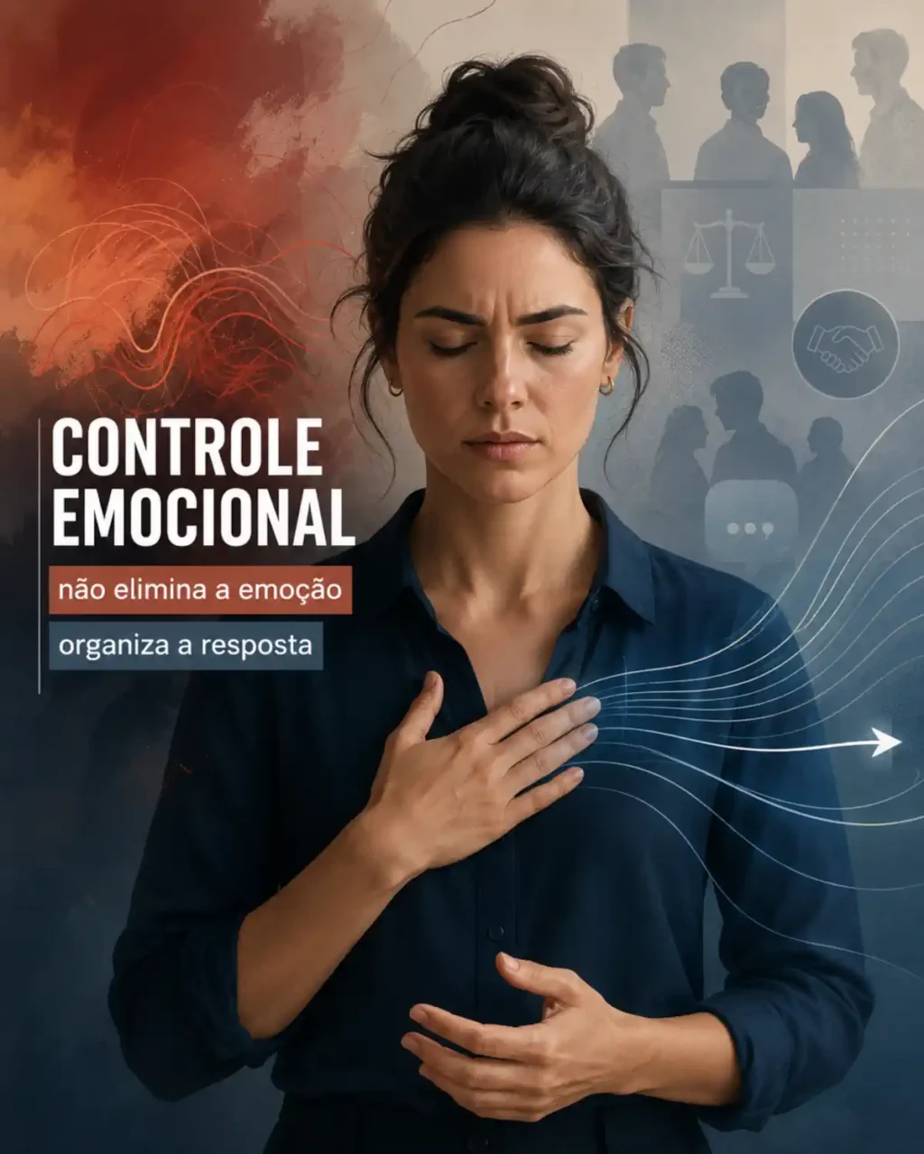 Mulher com a mão no peito e expressão concentrada, ilustrando controle emocional, regulação da resposta e consciência do estado emocional.