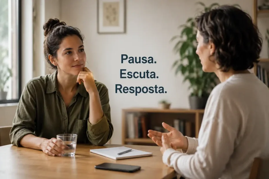 Pessoa em conversa cotidiana fazendo uma pausa antes de responder, em cena de educação emocional e escuta.
