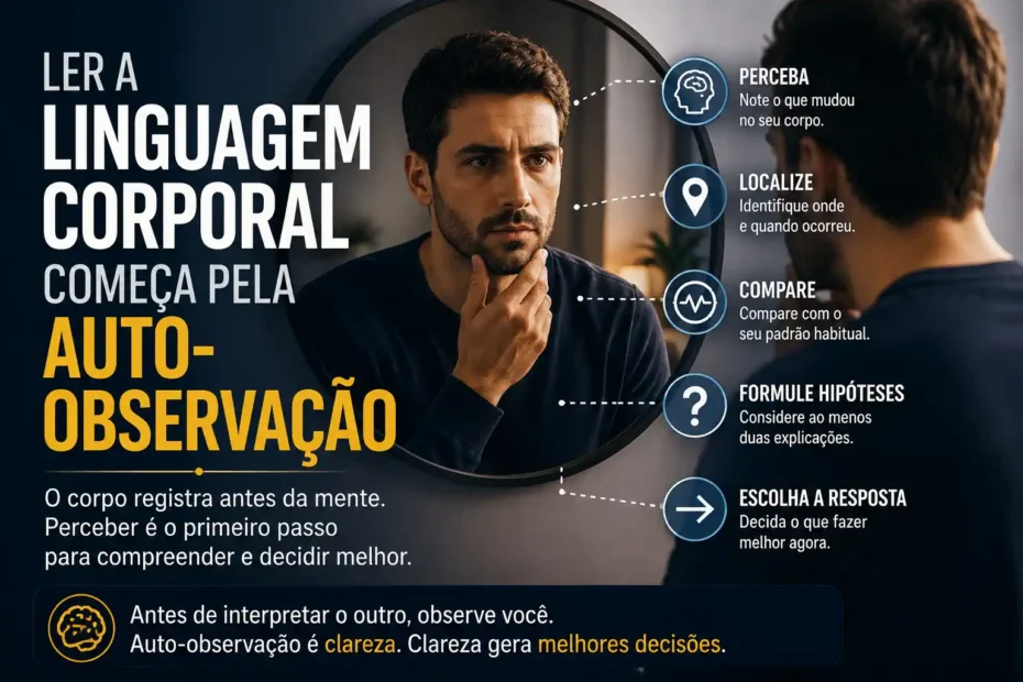 Imagem destacada sobre linguagem corporal e auto-observação, com pessoa diante do espelho observando sinais do próprio corpo antes de interpretar o outro.