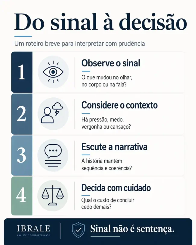 Infográfico com quatro passos para interpretar sinais de mentira antes de concluir, considerando sinal, contexto, narrativa e consequência