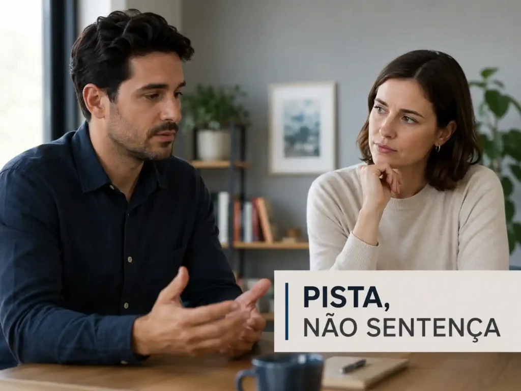 Duas pessoas conversam em ambiente tranquilo; uma observa a expressão da outra com dúvida, sugerindo cuidado ao interpretar sinais faciais.