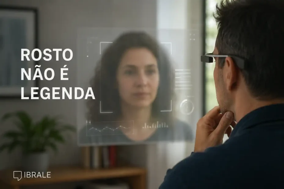 Pessoa usando óculos inteligente diante de uma tela com rosto humano e sinais gráficos discretos, sugerindo limites da IA para interpretar emoções.