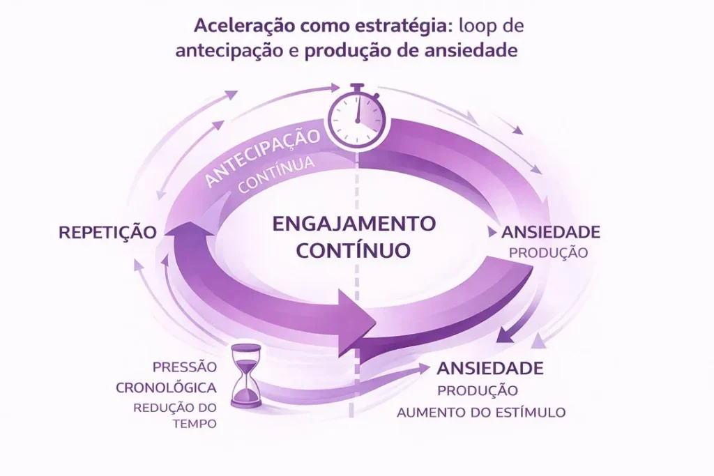 Diagrama conceitual mostrando o loop de aceleração digital baseado em antecipação contínua, repetição, pressão temporal e produção de ansiedade para sustentar engajamento.