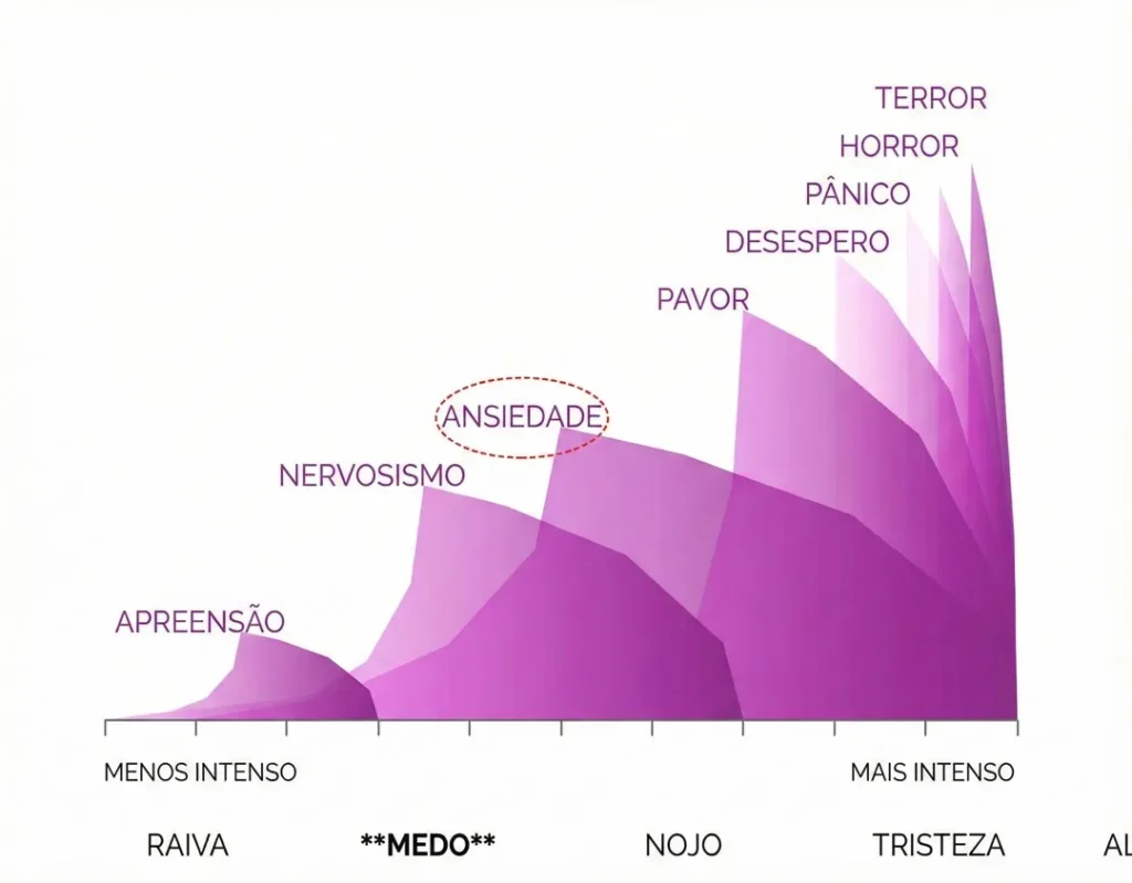 Gráfico do espectro do medo mostrando a ansiedade como estado intermediário entre apreensão, nervosismo, pavor, desespero e pânico, em um eixo de intensidade emocional crescente.