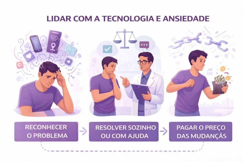 Ilustração mostrando três etapas para lidar com a ansiedade associada ao uso da tecnologia: reconhecer o problema, decidir entre resolver sozinho ou buscar ajuda e pagar o preço das mudanças necessárias.