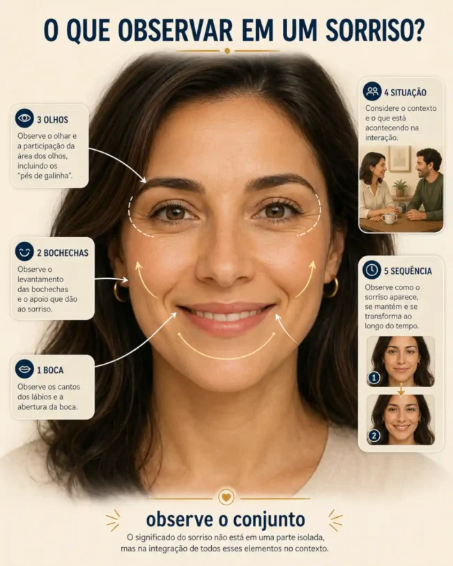 Ilustração explicando o que observar em um sorriso, com indicação de boca, bochechas, olhos, situação e sequência do comportamento.
