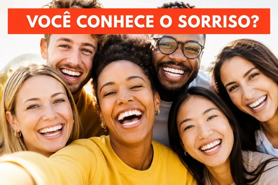 Grupo de pessoas sorrindo com texto você conhece o sorriso, representando teste de sorrisos verdadeiros, percepção facial e educação emocional.