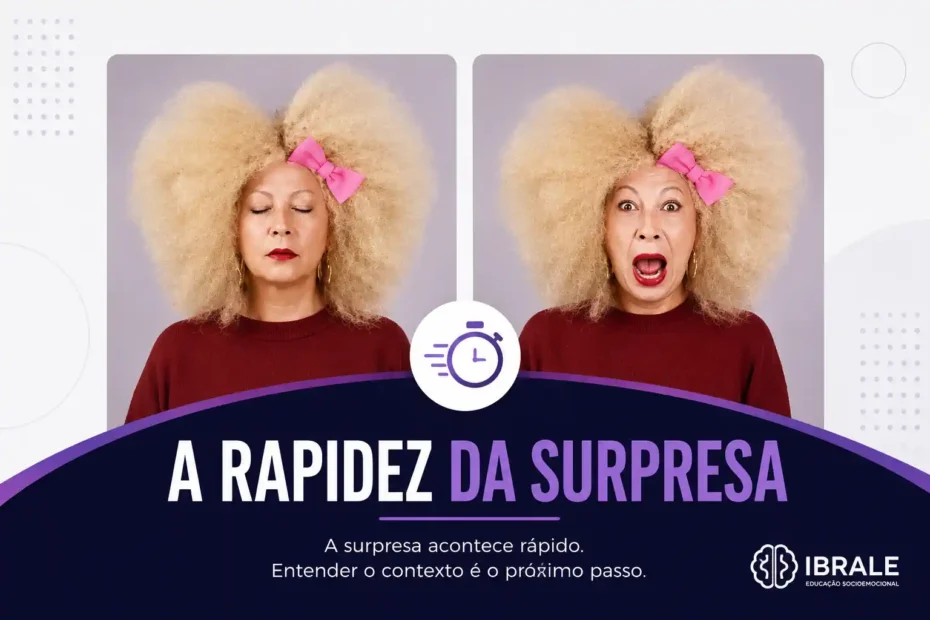 Duas imagens lado a lado mostram a mudança rápida de uma expressão neutra para uma expressão de surpresa.