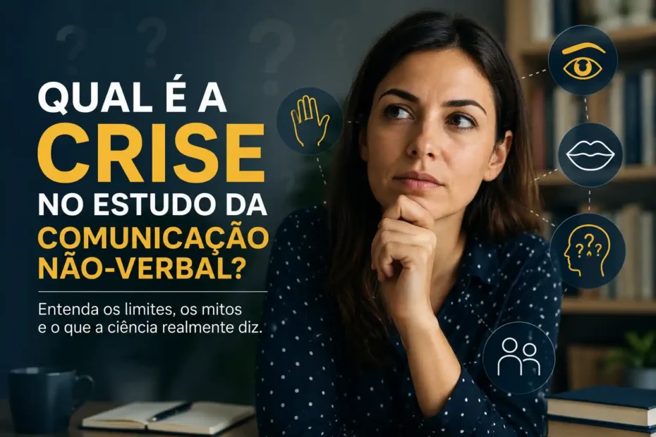 Mulher pensativa ao lado de ícones de gesto, olhar, boca e dúvida sobre os limites da comunicação não verbal