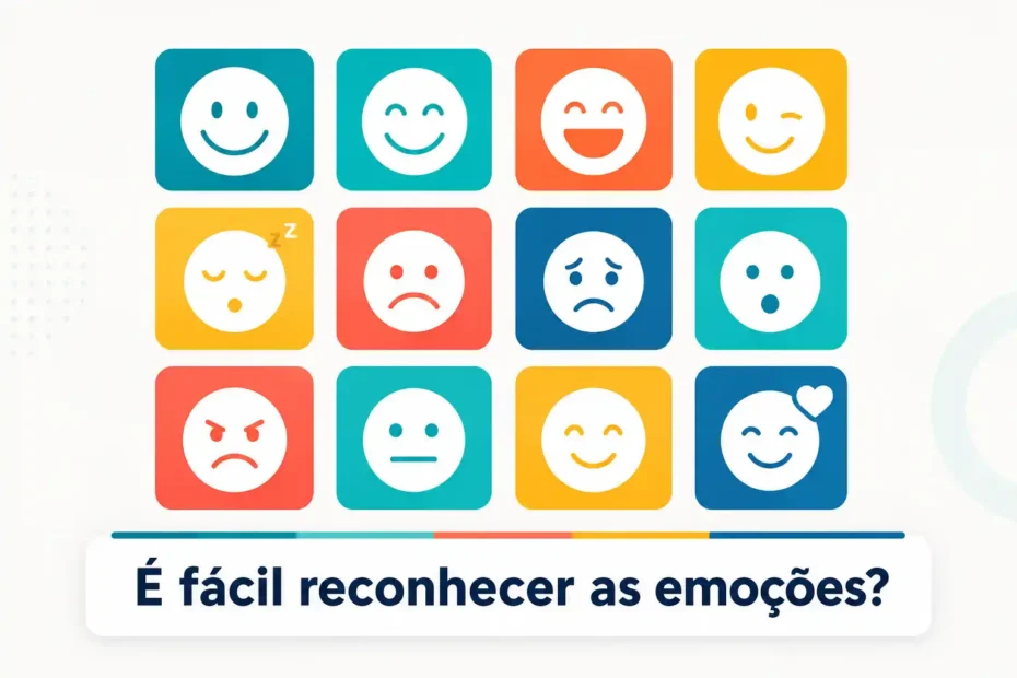 Grade com ícones coloridos de expressões emocionais e a pergunta “É fácil reconhecer as emoções?”.