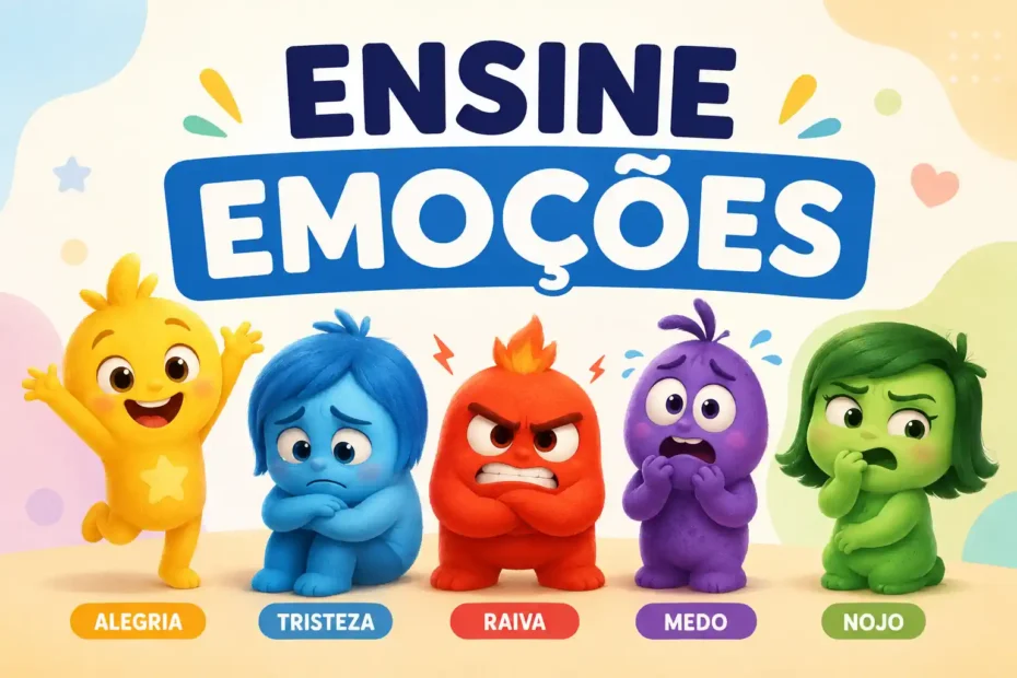 Personagens infantis coloridos representando alegria, tristeza, raiva, medo e nojo, com o título “Ensine emoções”.