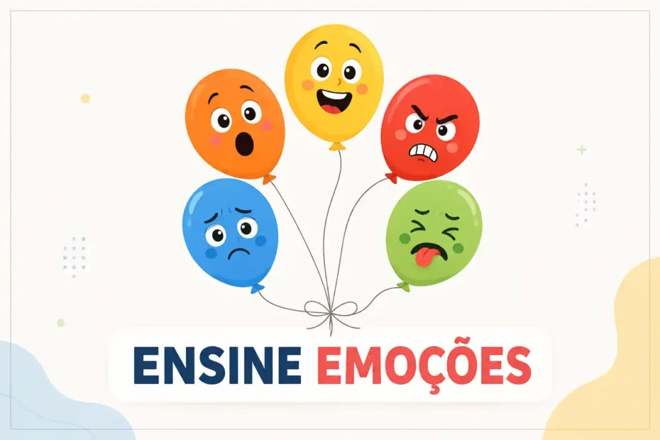 Balões coloridos com expressões de alegria, surpresa, raiva, tristeza e desconforto, com o texto “Ensine emoções”.