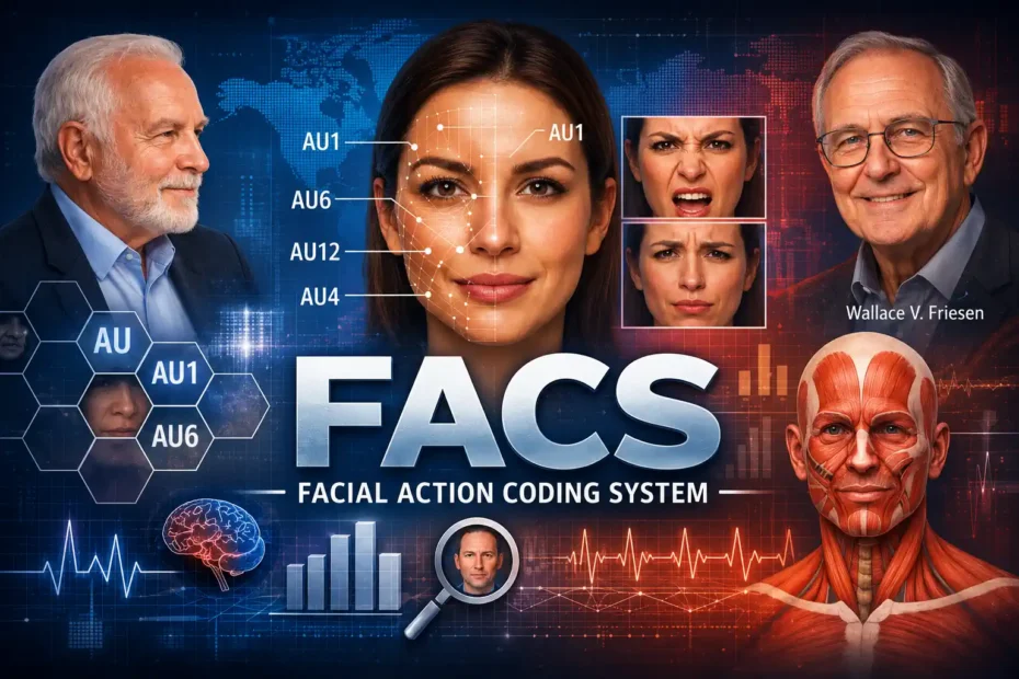 Imagem conceitual sobre FACS, Facial Action Coding System, com rosto analisado por unidades de ação facial, expressões emocionais, anatomia da face e elementos de análise comportamental.