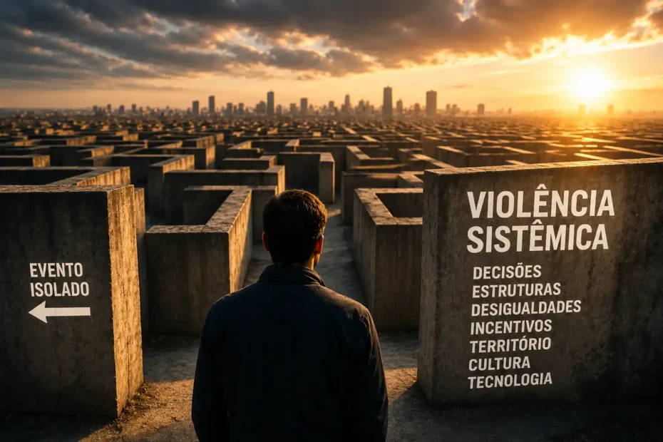 Imagem destacada sobre violência sistêmica, com uma pessoa diante de um labirinto urbano e inscrições sobre evento isolado, decisões, estruturas, desigualdades, incentivos, território, cultura e tecnologia.