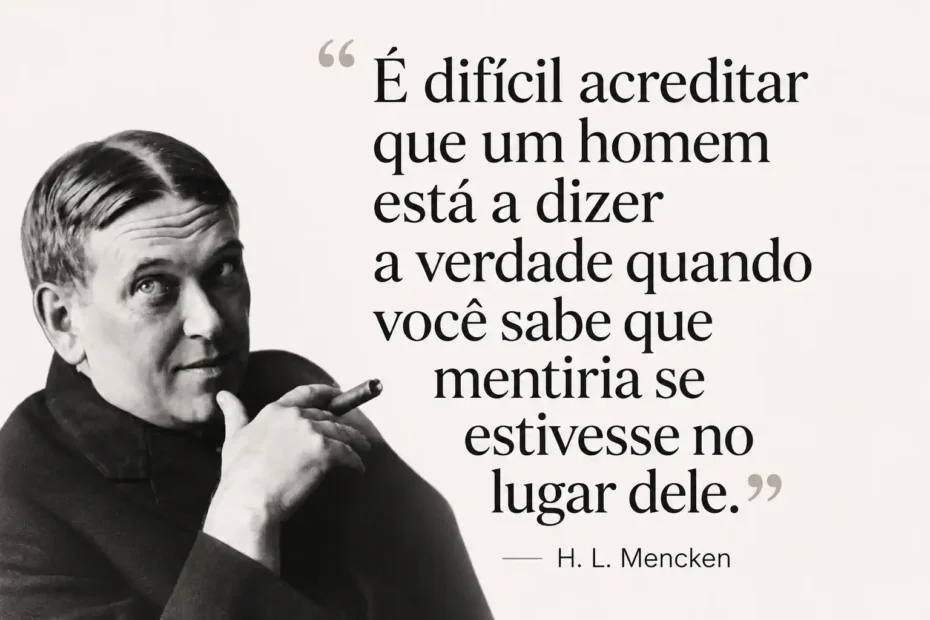 Imagem editorial com retrato de H. L. Mencken e citação sobre dificuldade de acreditar na verdade quando se reconhece a possibilidade de mentir.