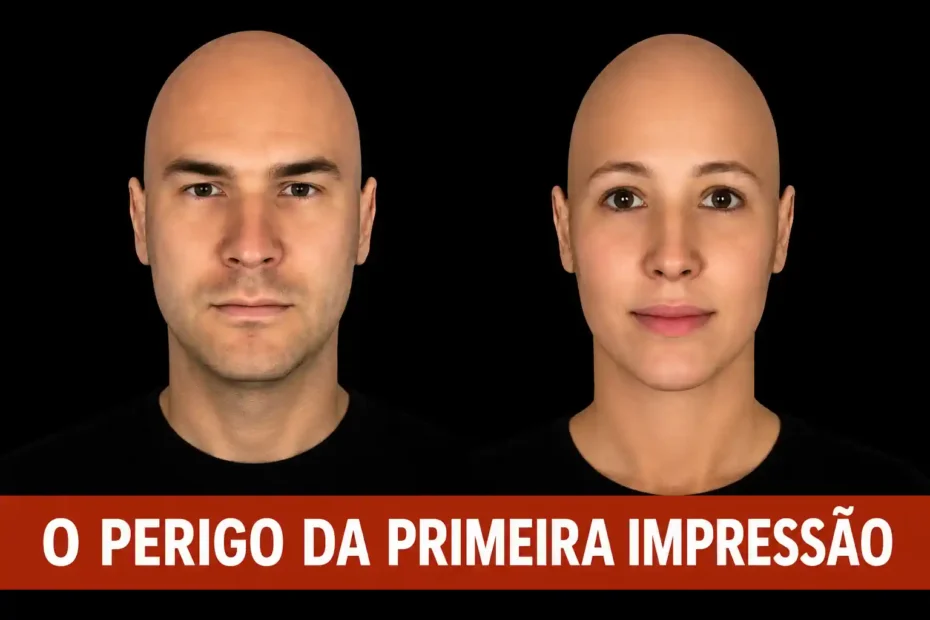 Dois rostos humanos em fundo escuro com texto “O perigo da primeira impressão”, sugerindo cautela diante de julgamentos rápidos pela aparência.