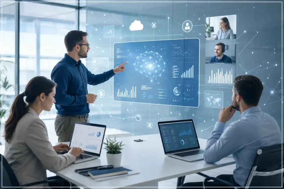 Equipe analisando dados, inteligência artificial e redes de informação em ambiente corporativo, representando complexidade, emoções e decisão.