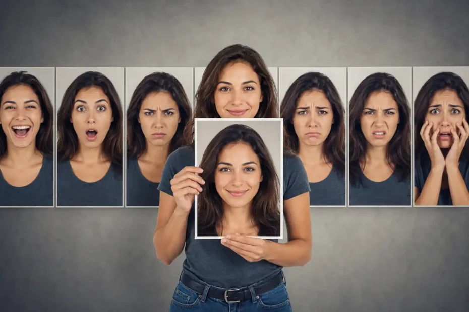 Pessoa segurando uma foto de sorriso diante de várias expressões faciais, representando teste de percepção emocional e reconhecimento de emoções.