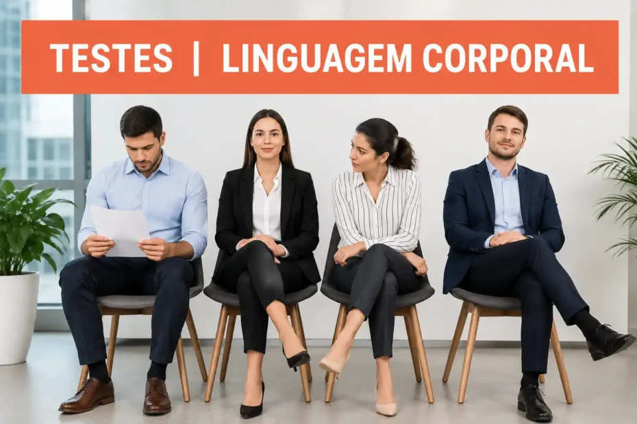 Quatro pessoas sentadas em ambiente profissional, com diferentes posturas corporais, representando teste de linguagem corporal e percepção de comportamento