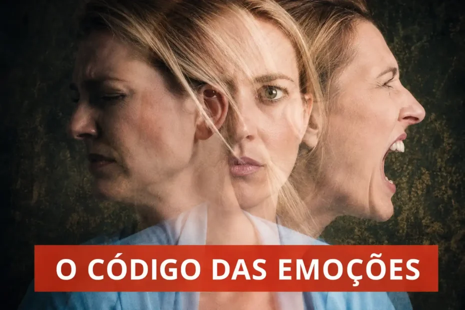 Mulher em composição com três expressões faciais sobrepostas, sugerindo tristeza, atenção e raiva, com texto “O código das emoções”.